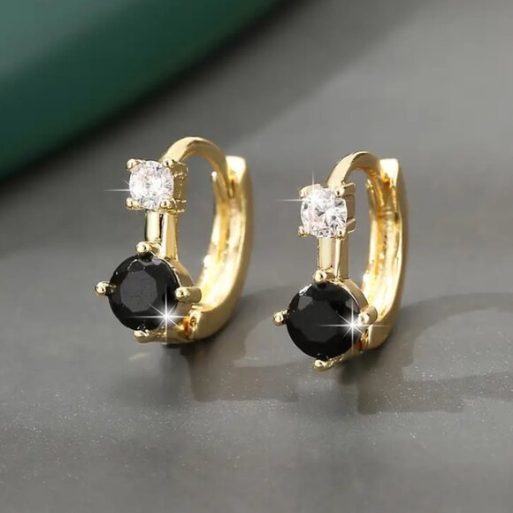 14K Gold Womens 2ct Black Onyx Gemstone 1ct Diamond Small Huggie Hoop Earrings